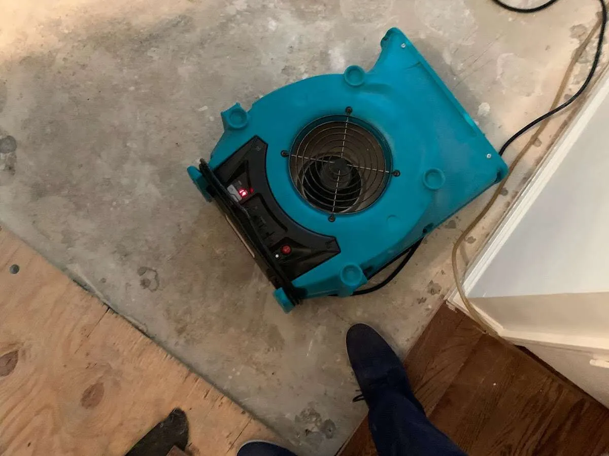 Air mover drying subfloor during Commercial Water Damage Restoration in Timberlake